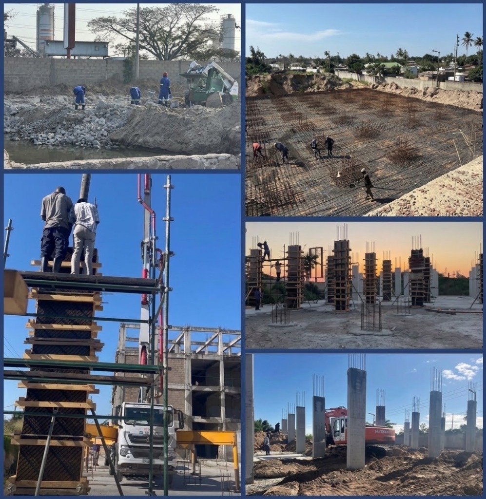 Várias fotografias das obras em curso do Centro Comercial na Cidade de Maputo, mostrando trabalhadores, fundações e pilares